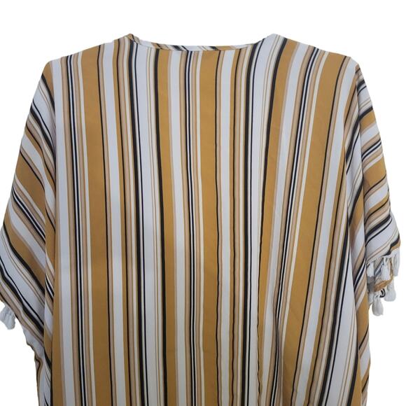 Shein Kimono Cardigan Sz L Yellow White Black Swim Beach long Tassels open front - Picture 8 of 10